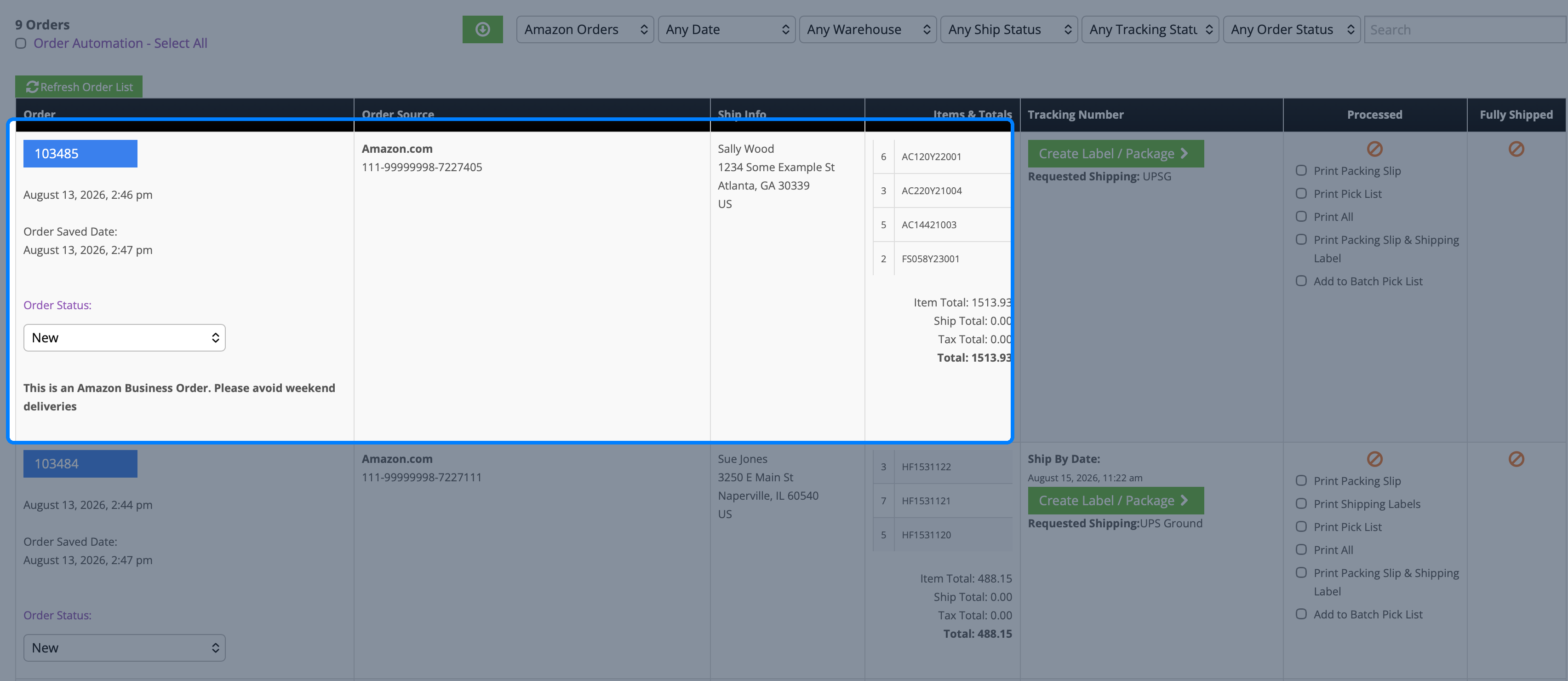 Amazon Business order in the InfiPlex open orders queue with ship-to, items, and totals pulled in automatically