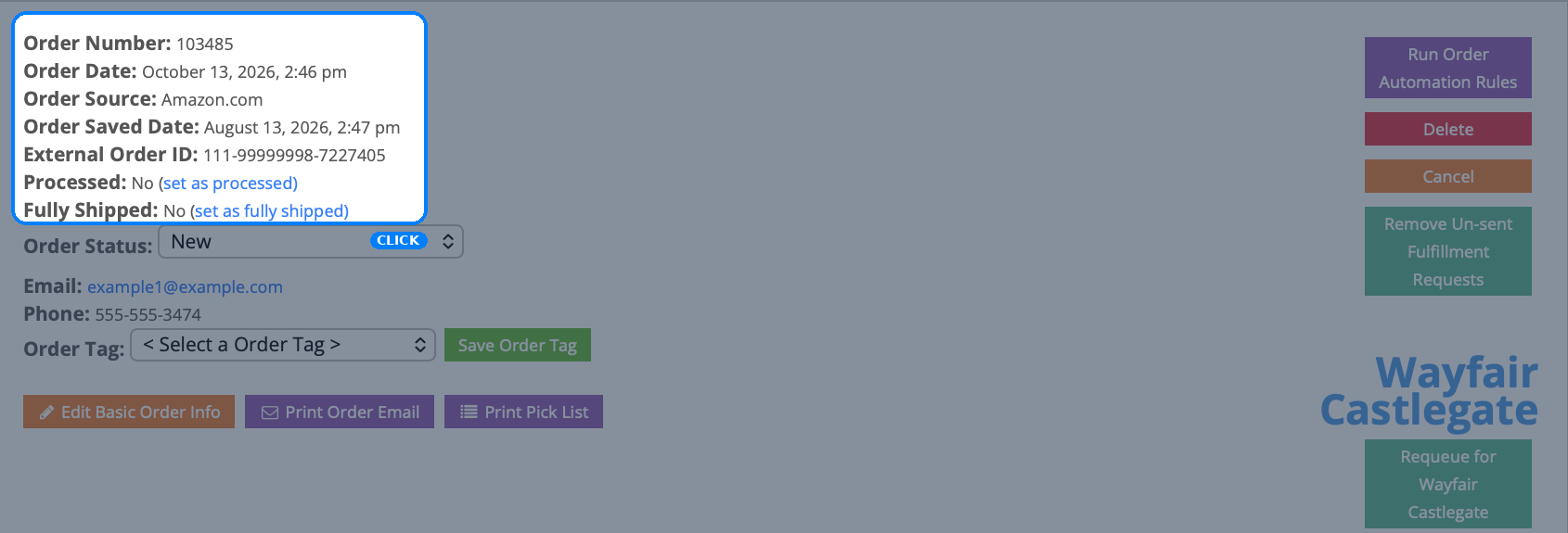 InfiPlex order detail for order 103485 showing the Amazon order ID and Wayfair Castlegate fulfillment connection