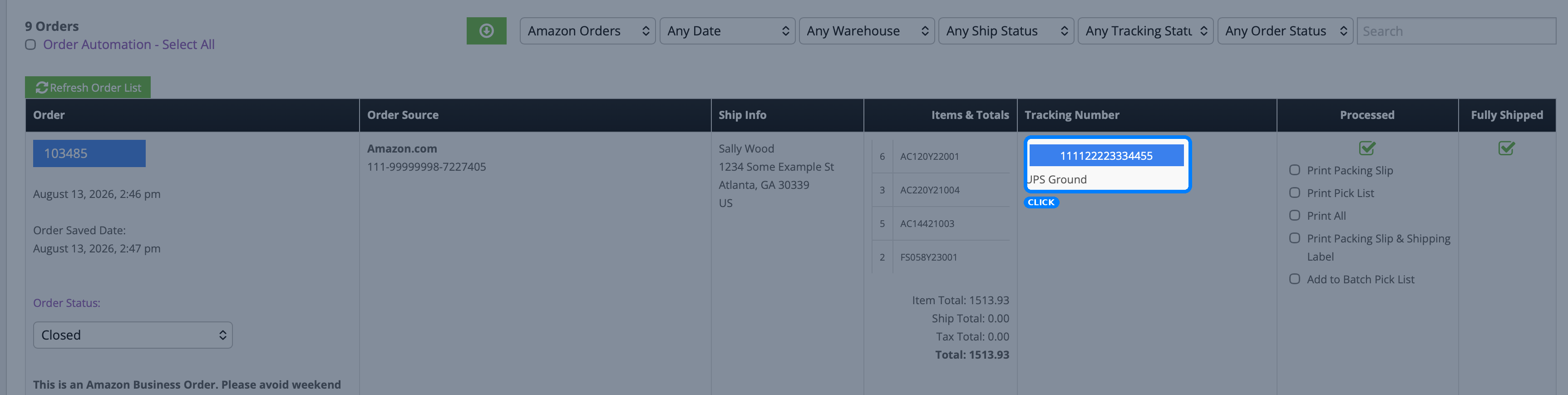 InfiPlex orders queue showing the Amazon order with tracking populated and status closed automatically