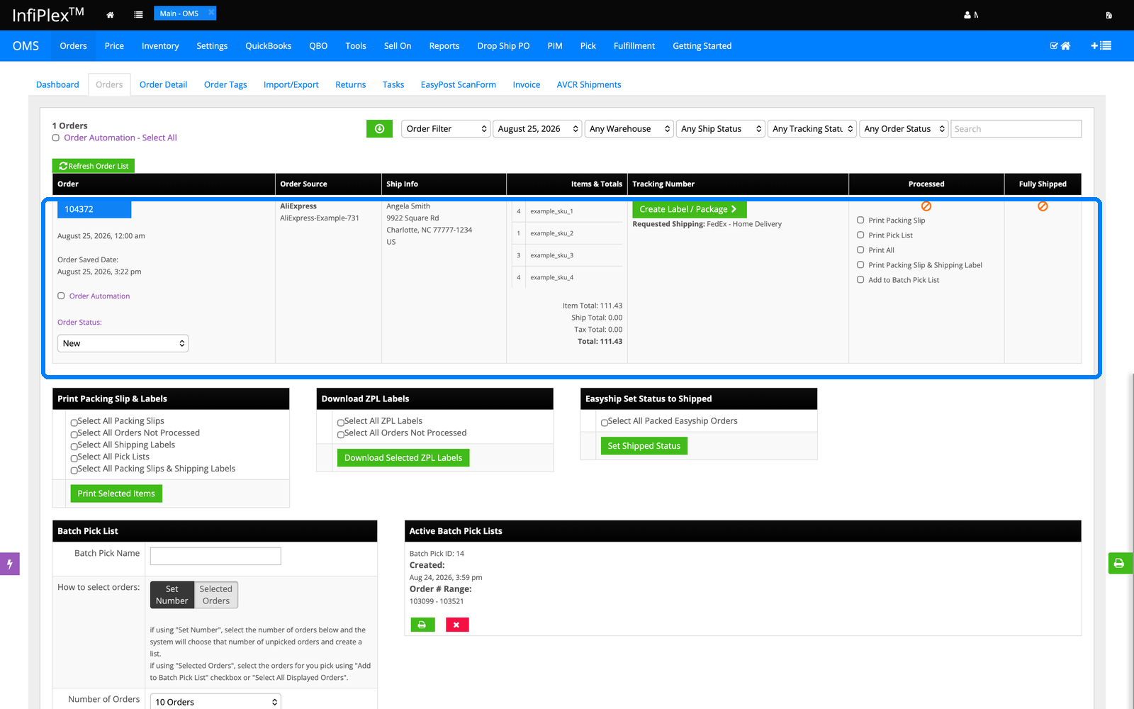 AliExpress order 104372 in the InfiPlex open orders queue with ship-to and items filled in automatically