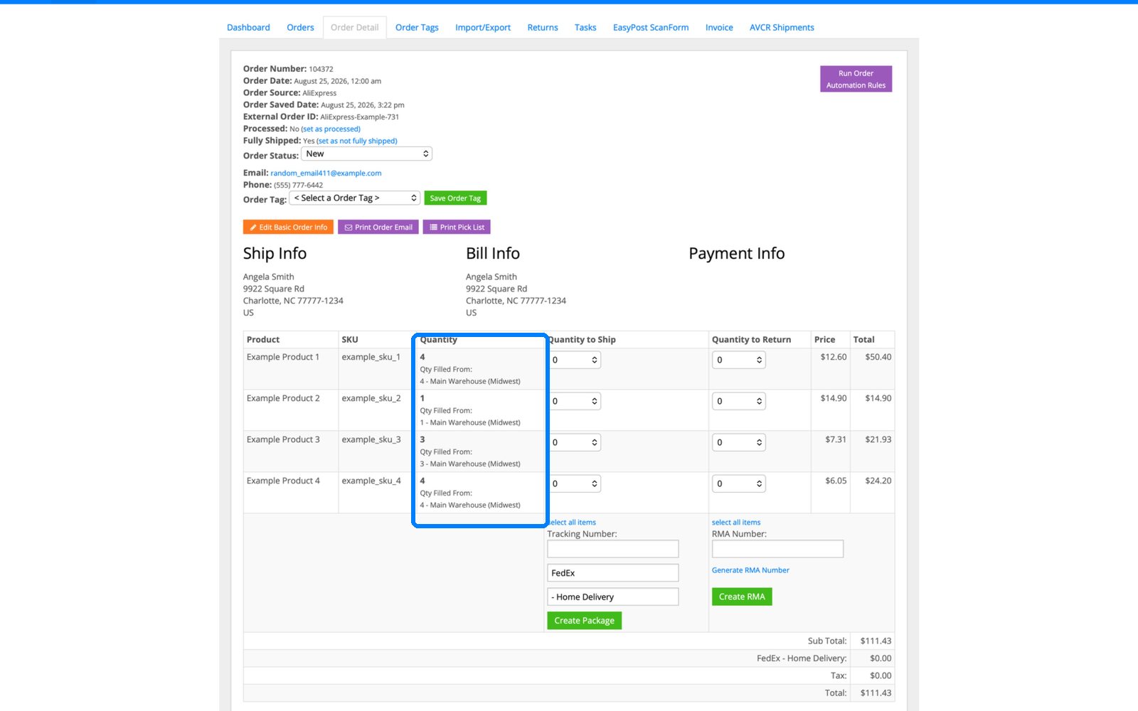 InfiPlex order detail showing each AliExpress line item routed to its fulfillment warehouse