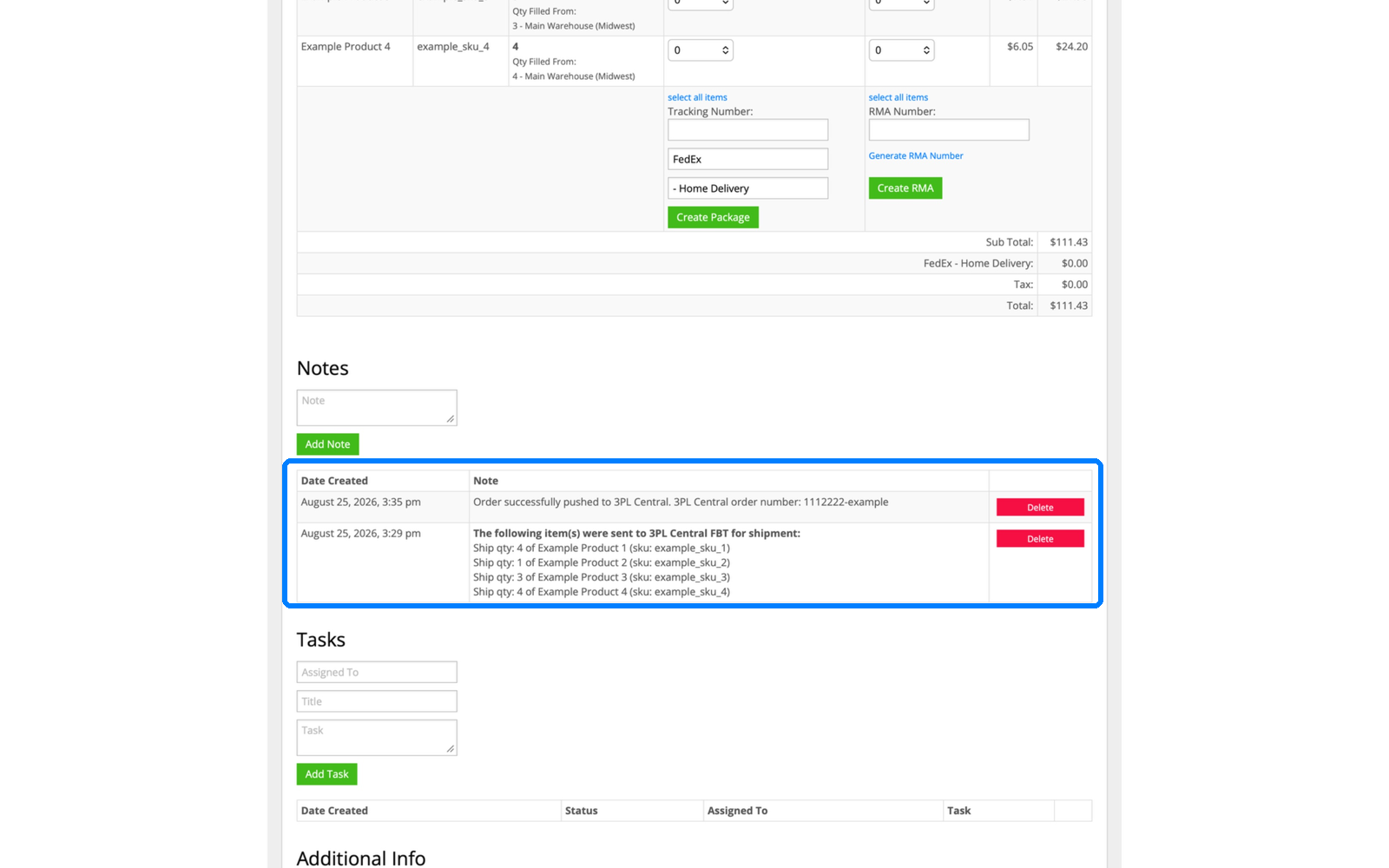 InfiPlex order notes showing the AliExpress order pushed to 3PL Central with the 3PL order number logged