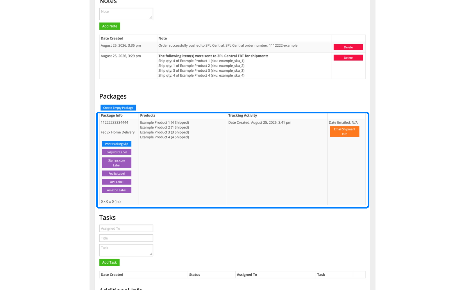 InfiPlex packages section showing the shipped AliExpress order with FedEx tracking pulled from the 3PL