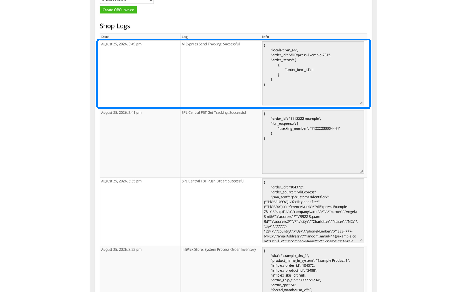 InfiPlex shop log showing tracking sent to AliExpress successfully with a timestamp