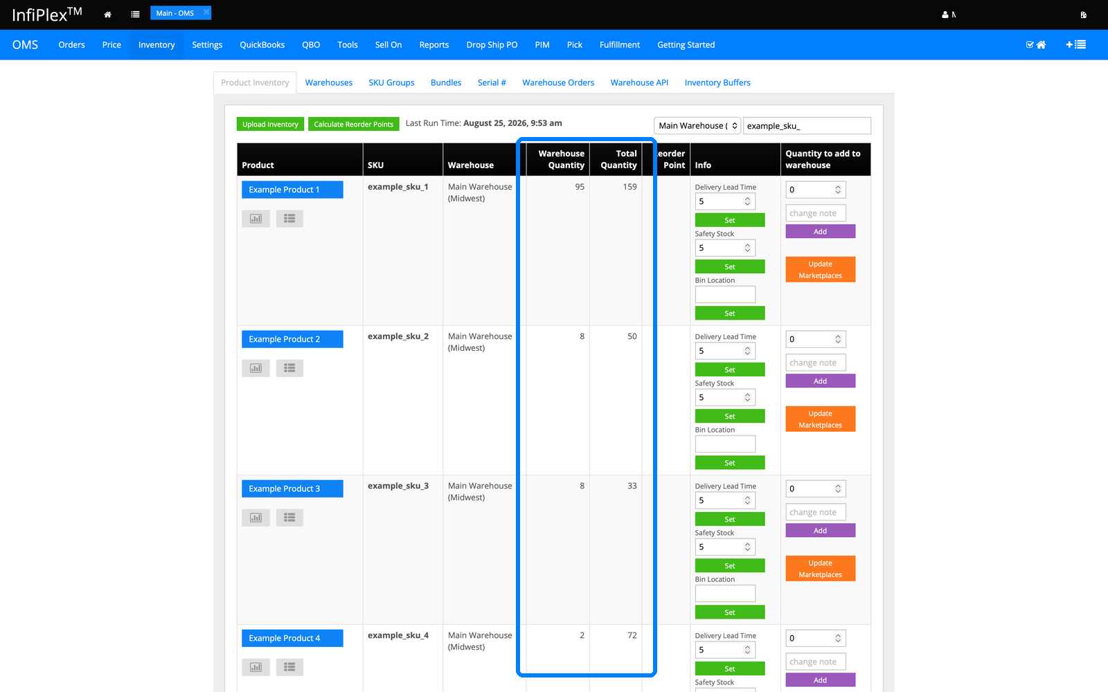InfiPlex product inventory list showing updated warehouse quantities after the AliExpress order shipped