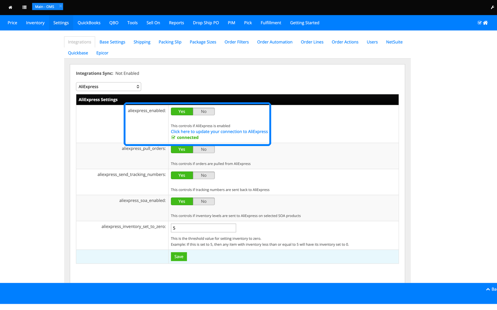 InfiPlex AliExpress integration settings page showing the connected account and sync toggles