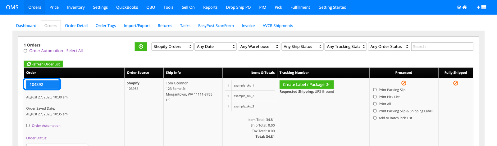 Shopify order 104392 in the InfiPlex open orders queue