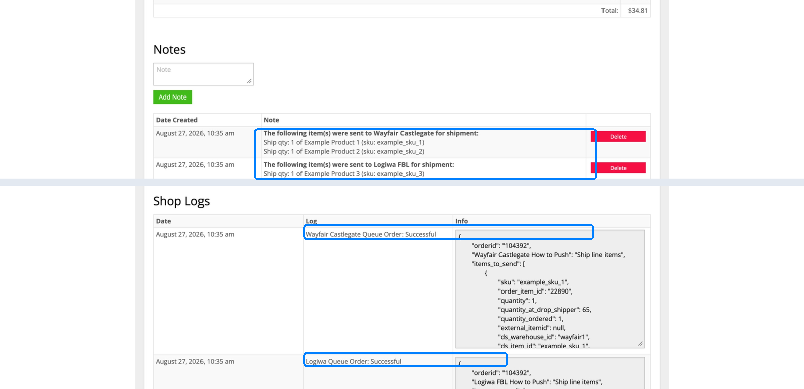 InfiPlex notes and shop log showing the order split between Wayfair Castlegate and Logiwa