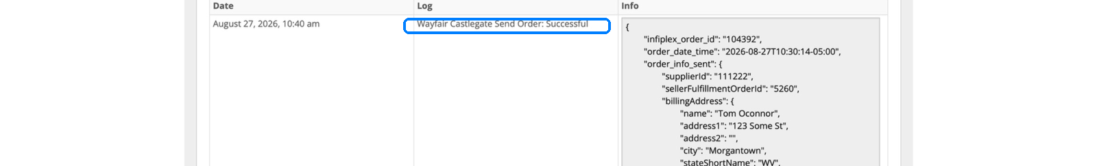 InfiPlex shop log showing Wayfair Castlegate Send Order Successful