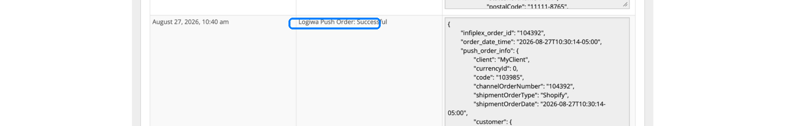 InfiPlex shop log showing Logiwa Push Order Successful