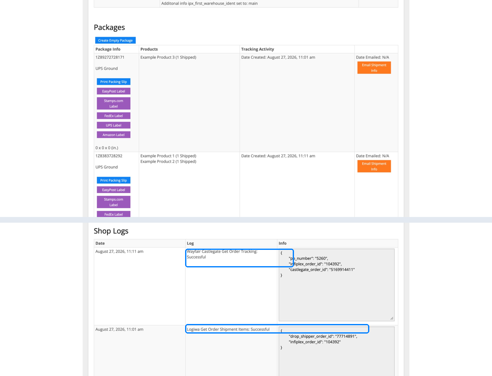 InfiPlex packages section and shop log showing tracking pulled from both Wayfair Castlegate and Logiwa