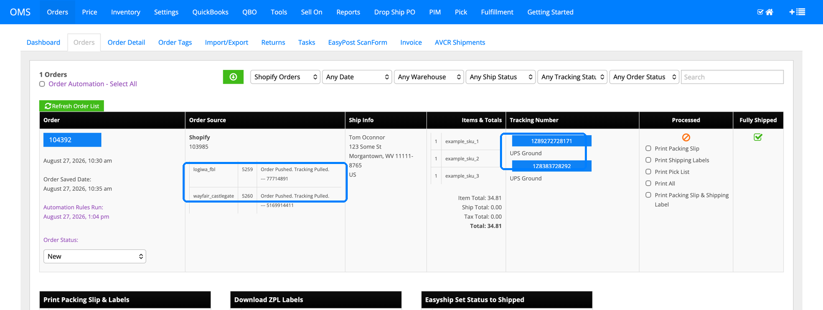 InfiPlex orders list showing both 3PL pushes and both tracking numbers for the split order