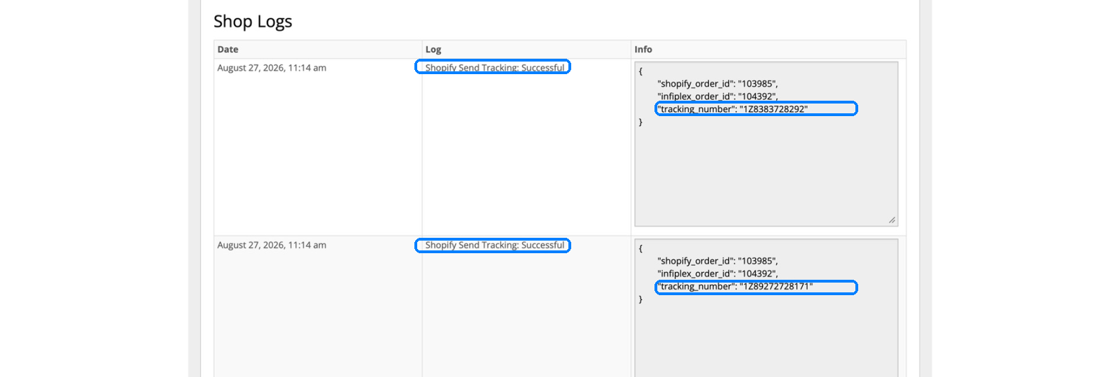 InfiPlex shop log showing two separate Shopify Send Tracking Successful entries with different tracking numbers