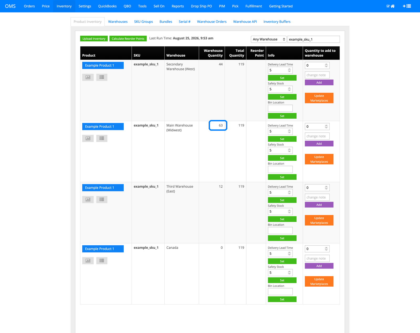 InfiPlex inventory view showing the SKU across four warehouses totaling 119 units