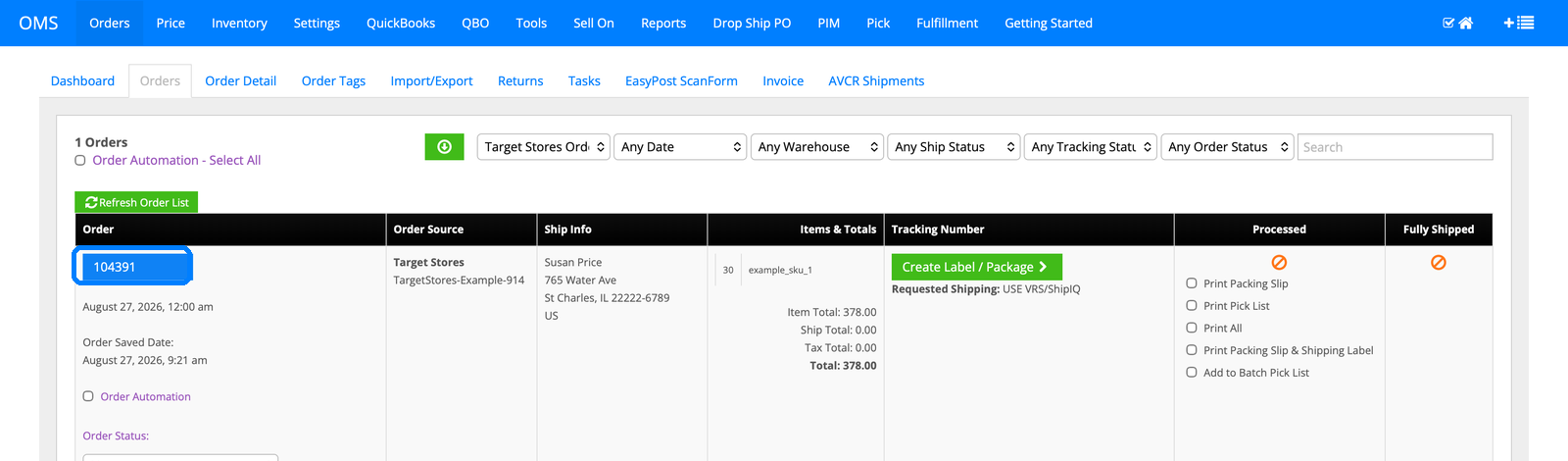 Target Stores EDI order 104391 in the InfiPlex open orders queue