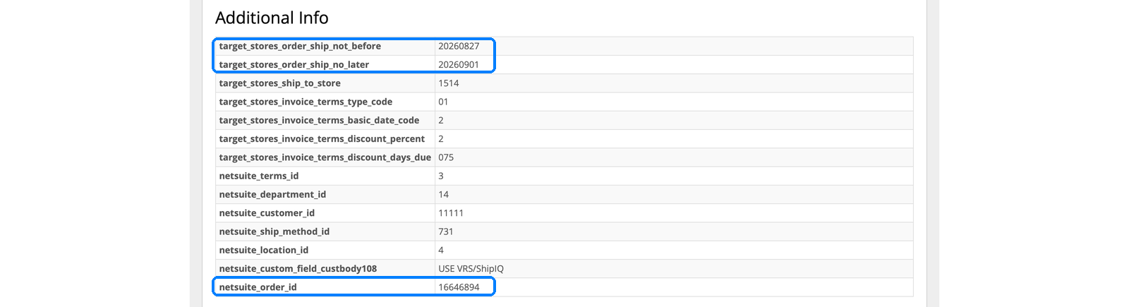 InfiPlex additional info showing Target Stores EDI ship window and NetSuite order id