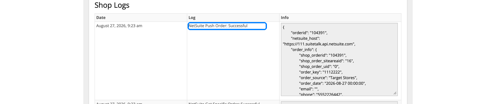 InfiPlex shop log showing NetSuite Push Order Successful for order 104391