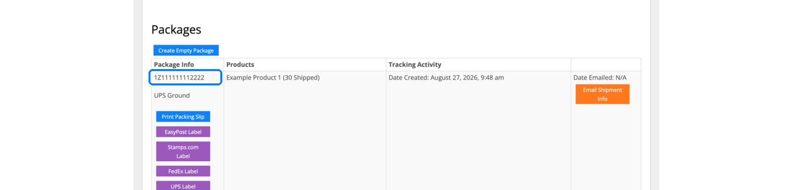 InfiPlex packages section showing the UPS tracking number pulled from the NetSuite fulfillment