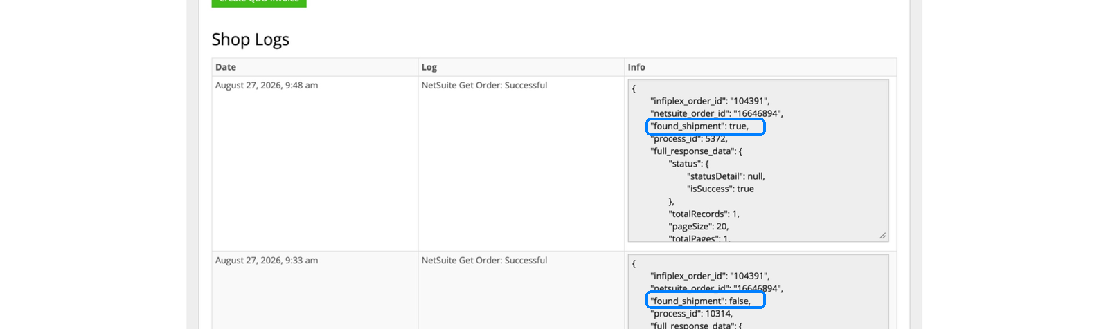 InfiPlex shop log showing NetSuite polling with found shipment false then true