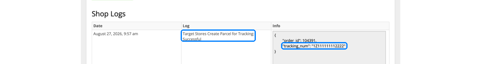 InfiPlex shop log showing the Target Stores tracking parcel created with the UPS tracking number