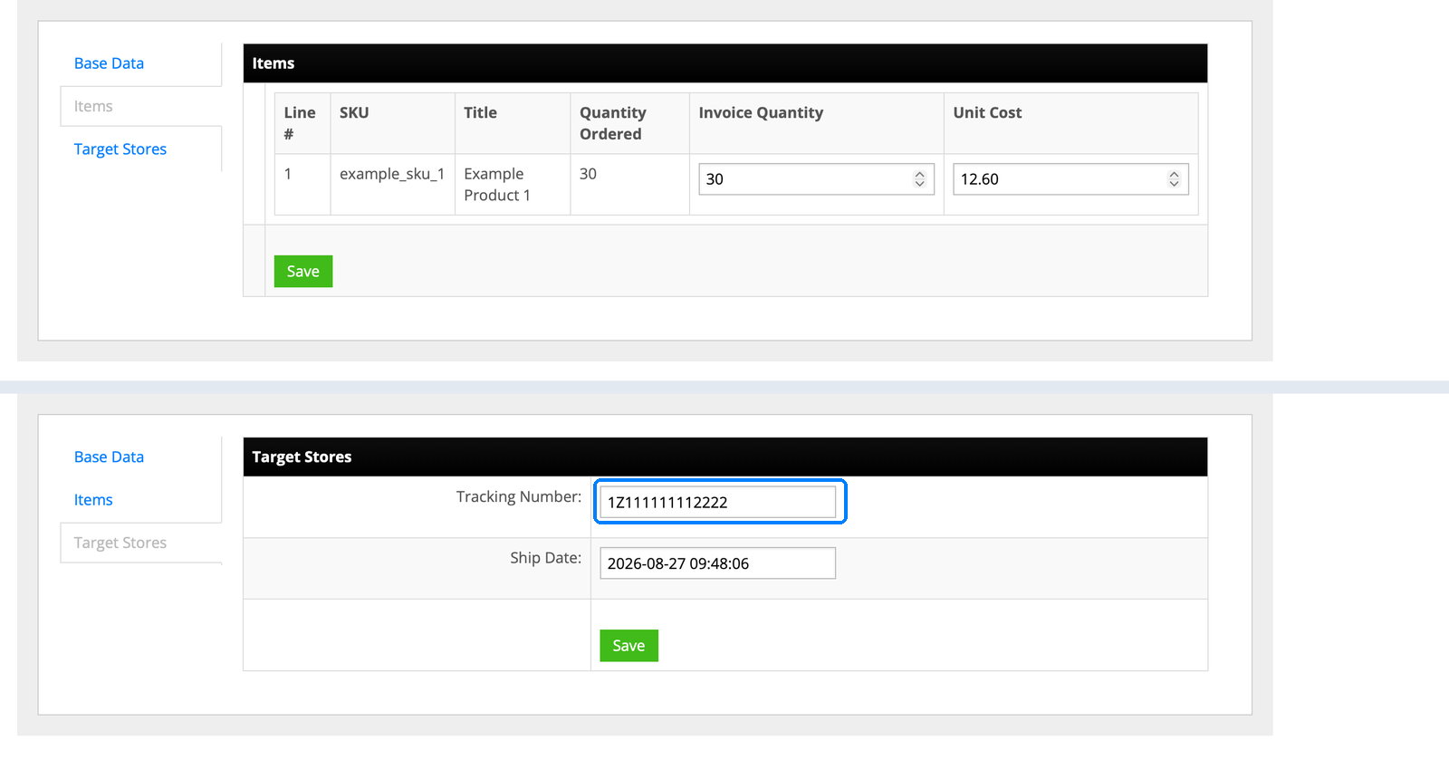InfiPlex invoice items and Target Stores tab showing tracking number and ship date