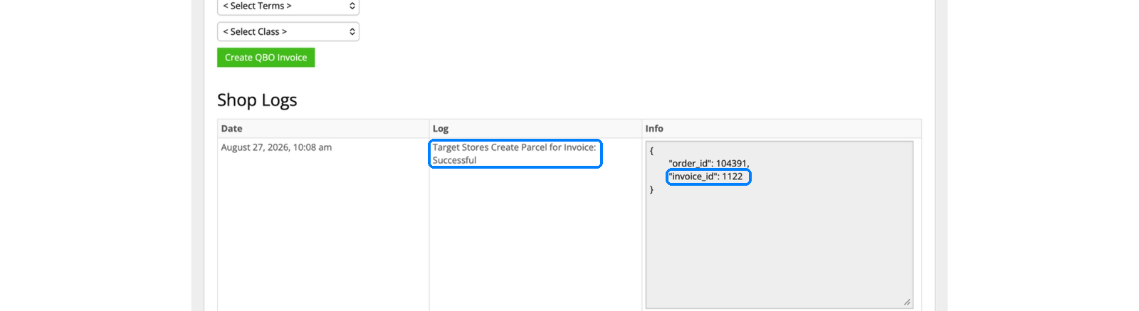 InfiPlex shop log showing the Target Stores invoice parcel created successfully