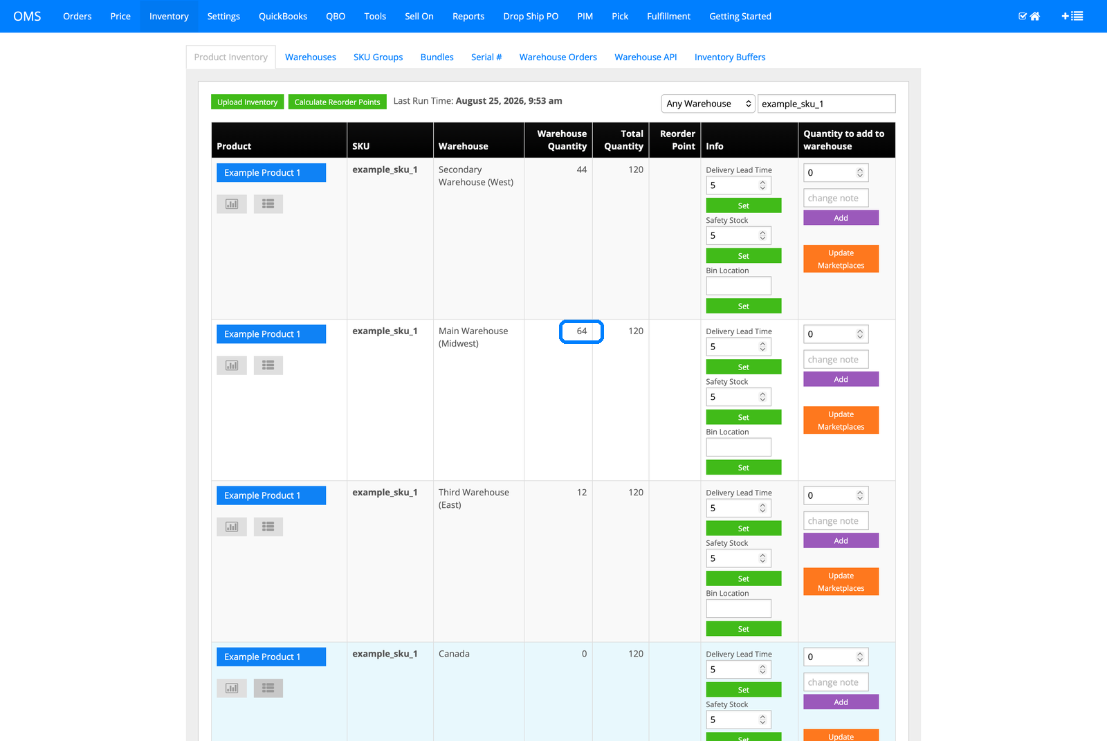 InfiPlex inventory view showing the SKU across four warehouses totaling 120 units