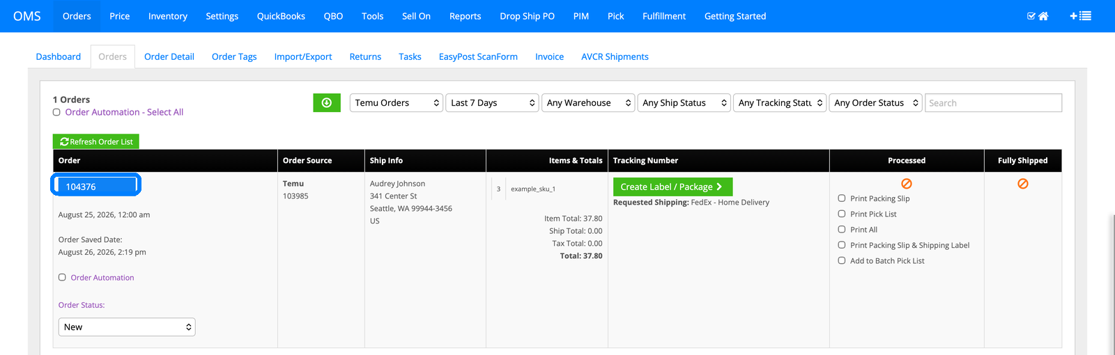 Temu order 104376 in the InfiPlex open orders queue, filtered to Temu orders