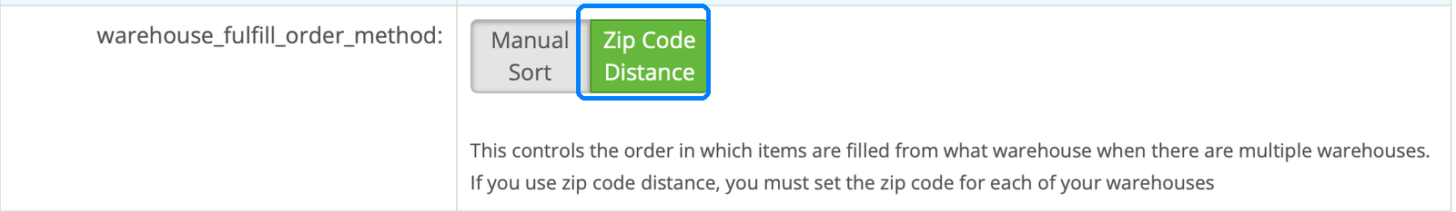 InfiPlex site setting showing warehouse fulfill order method set to Zip Code Distance
