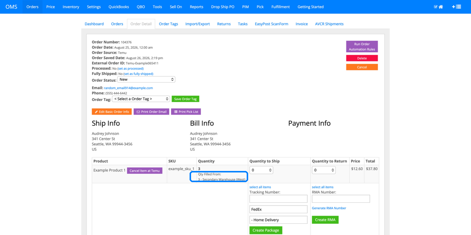 InfiPlex order detail for order 104376 showing quantity filled from Secondary Warehouse West