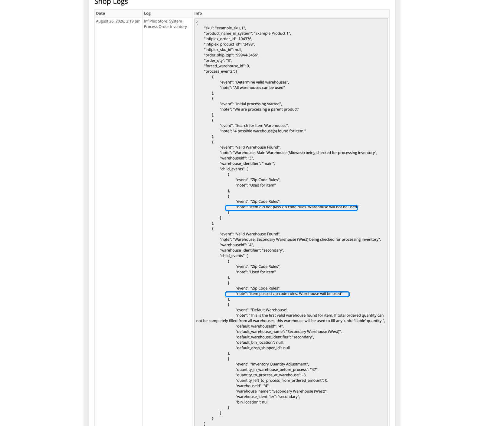 InfiPlex shop log showing the zip code routing decision rejecting Main Warehouse and accepting Secondary Warehouse West