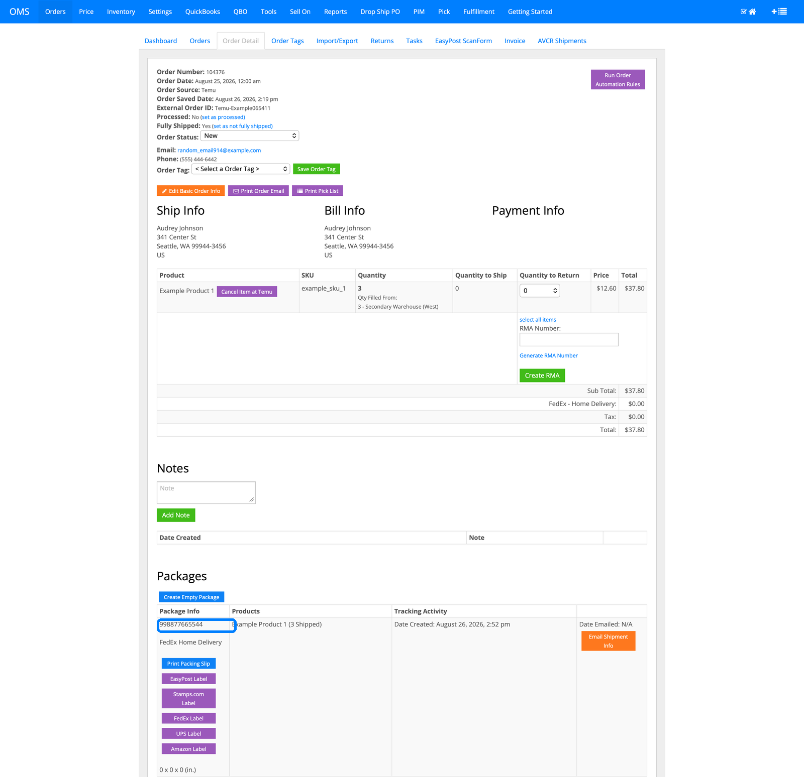 InfiPlex packages section showing the shipped order with FedEx tracking number 998877665544