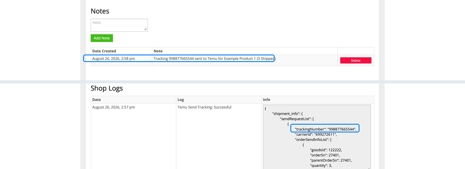 InfiPlex note and shop log confirming tracking number sent to Temu successfully