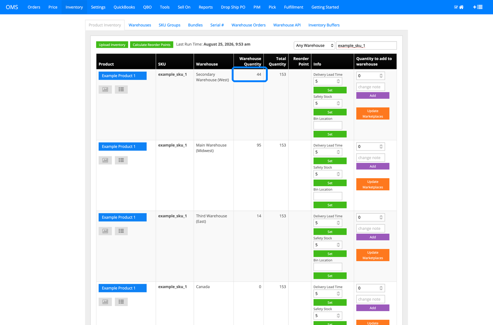 InfiPlex inventory view showing the same SKU across four warehouses totaling 153 units