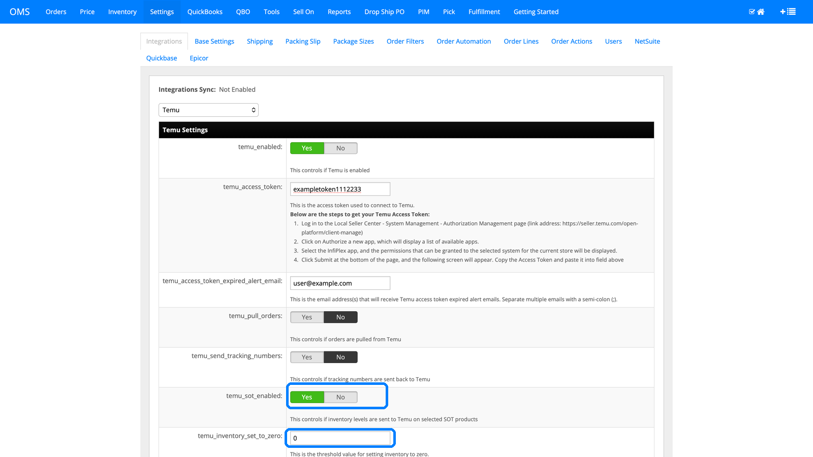 InfiPlex Temu integration settings page showing the connected account and sync toggles
