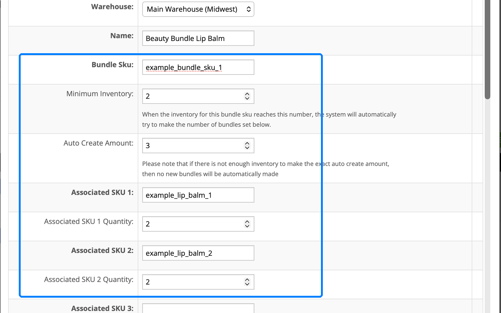 InfiPlex bundle setup screen showing a bundle SKU with two component SKUs and automatic bundle creation rules