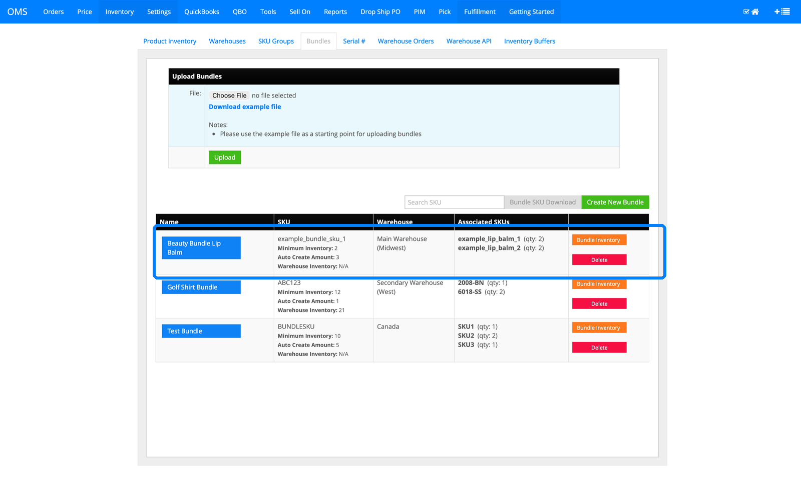 InfiPlex bundles list showing bundle SKUs with their component SKUs, quantities, and warehouses