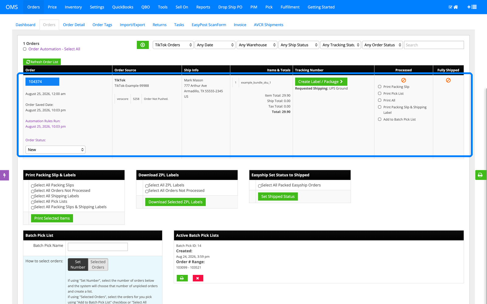 TikTok Shop bundle order 104374 in the InfiPlex open orders queue with VeraCore fulfillment tag