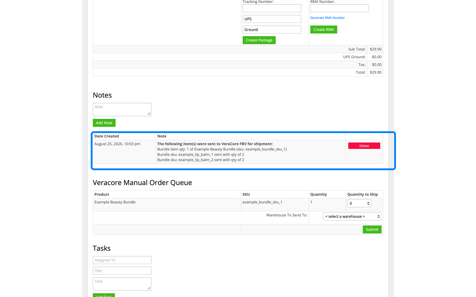 InfiPlex order note showing the bundle split into two component SKUs at quantity 2 each, sent to VeraCore