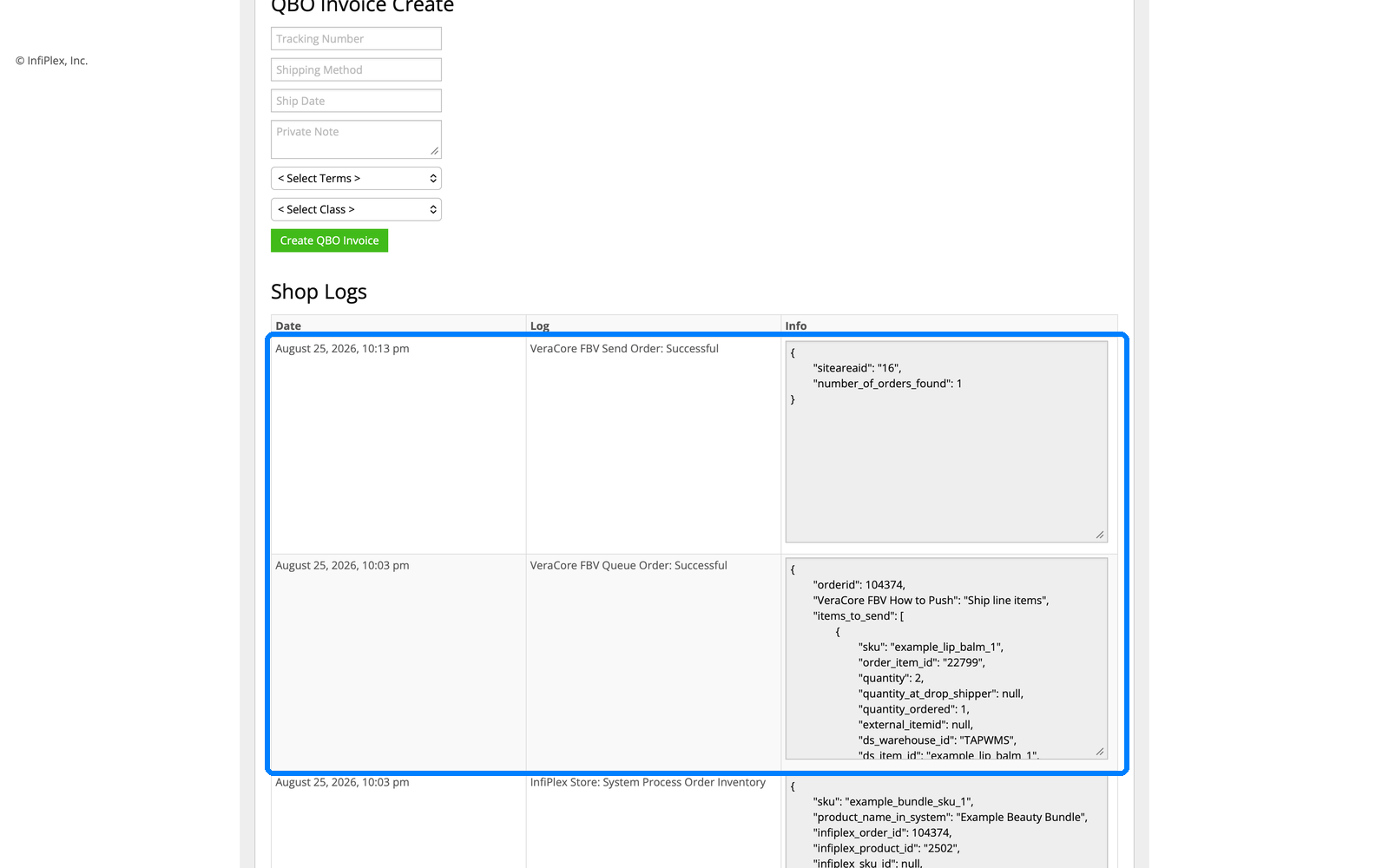 InfiPlex shop logs showing the VeraCore queue and send order entries with timestamps