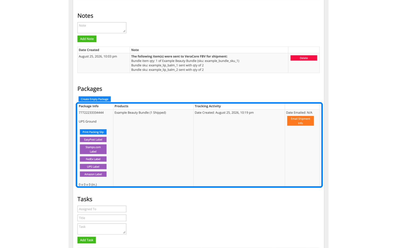 InfiPlex packages section showing the shipped bundle as one item with UPS tracking pulled from VeraCore