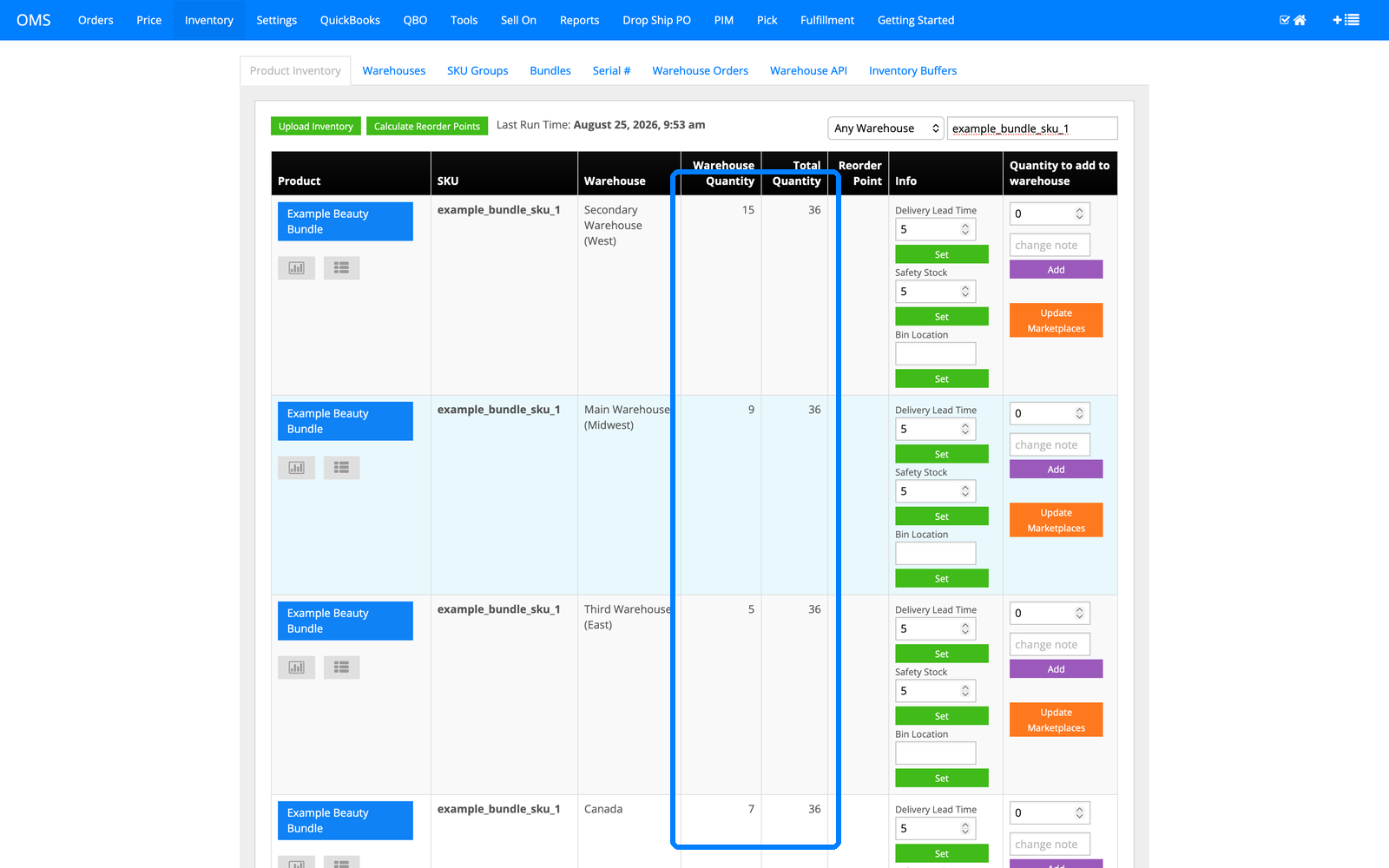 InfiPlex inventory view showing bundle SKU quantities across four warehouses totaling 36