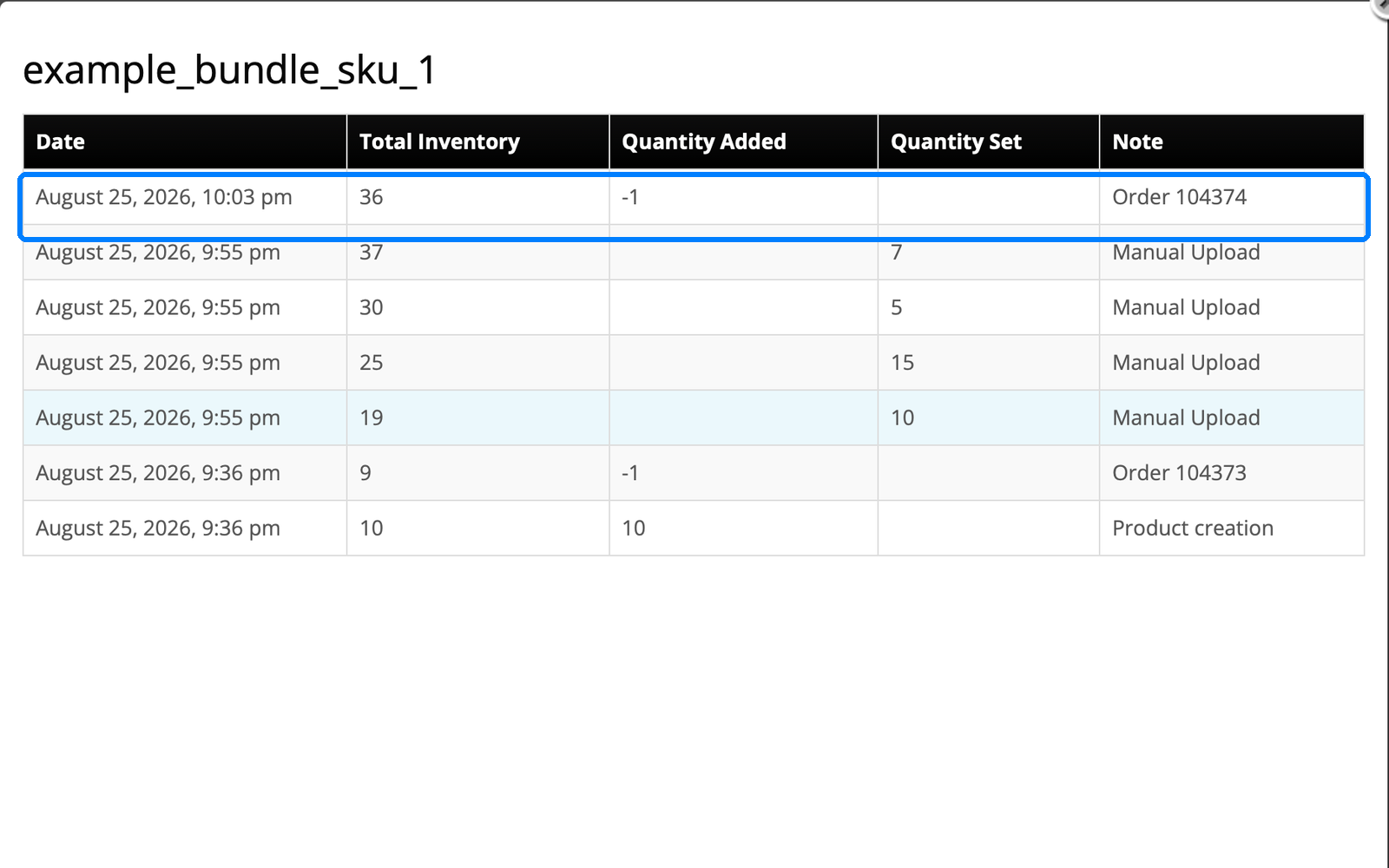 InfiPlex per-SKU inventory log showing 1 bundle deducted by TikTok order 104374