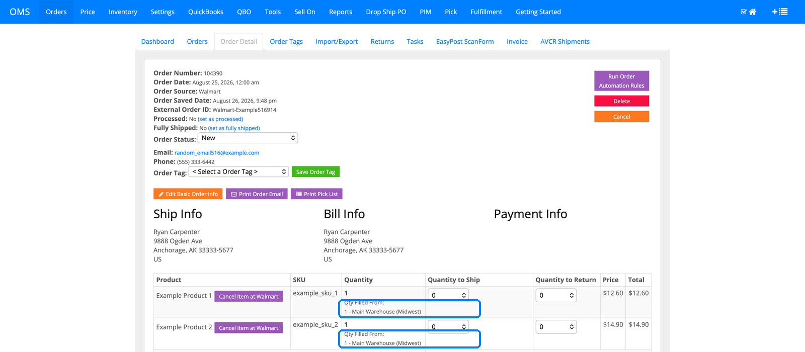 InfiPlex order detail for order 104390 showing both items filled from Main Warehouse Midwest