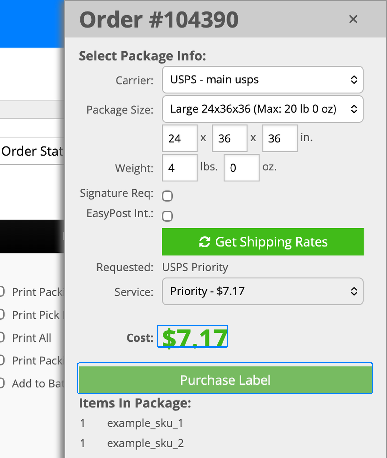 InfiPlex package purchase panel showing a live USPS Priority rate of 7 dollars 17 cents and a Purchase Label button