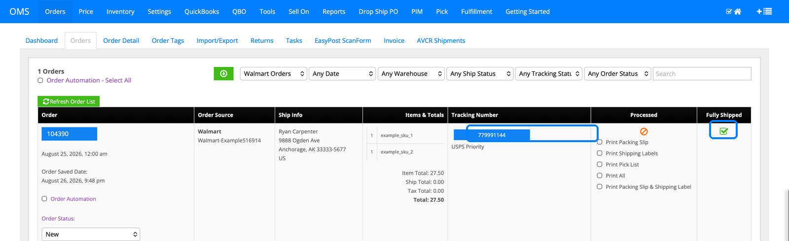 InfiPlex orders list showing order 104390 fully shipped with USPS tracking number 779991144