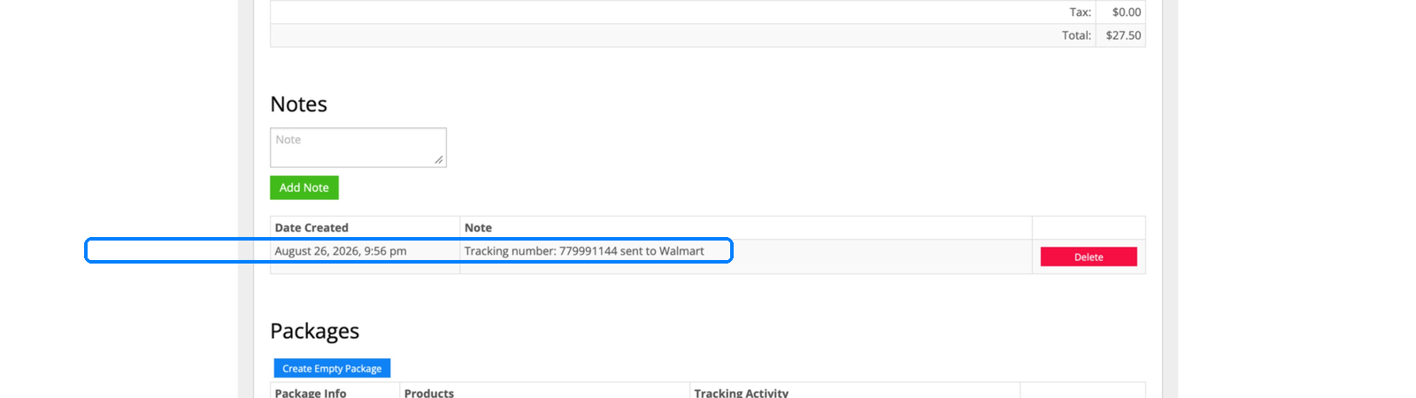 InfiPlex note confirming tracking number sent to Walmart for order 104390
