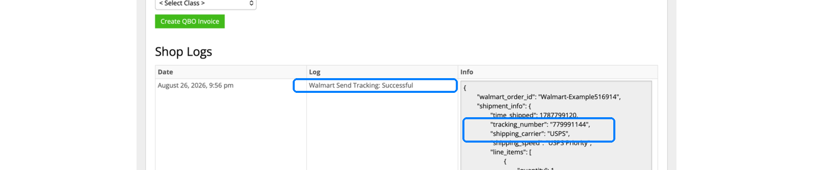 InfiPlex shop log showing Walmart Send Tracking Successful with tracking number and carrier details
