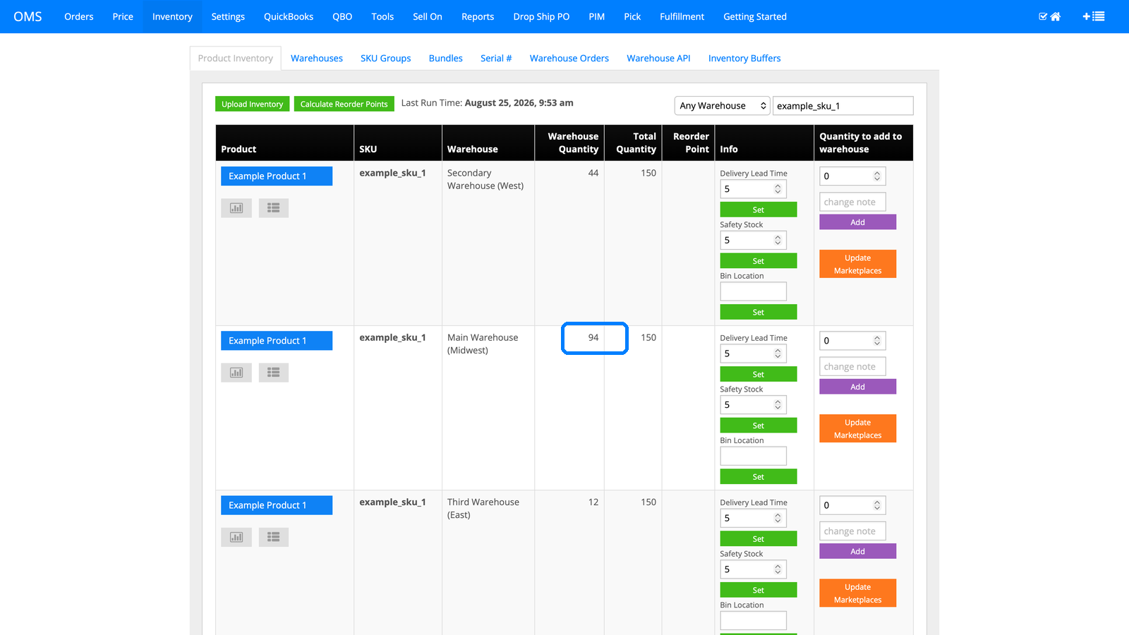 InfiPlex inventory view showing the same SKU across four warehouses totaling 150 units