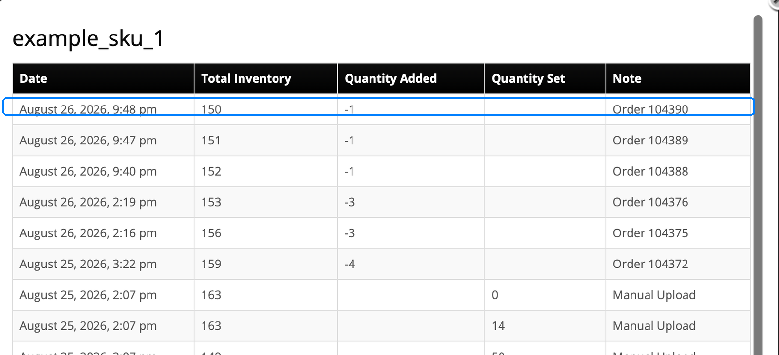 InfiPlex per-SKU inventory log showing 1 unit deducted by Walmart order 104390